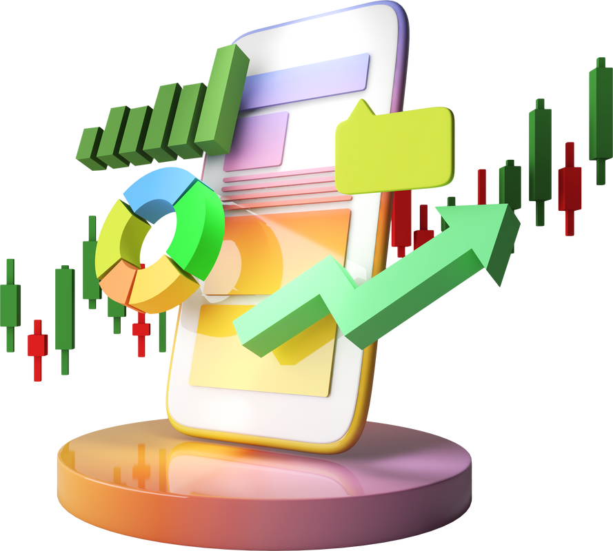 You track investments using your mobile device. To make decisions, people look at news articles, stock prices, and returns.,Investment icons and a docked mobile phone,3d rendering